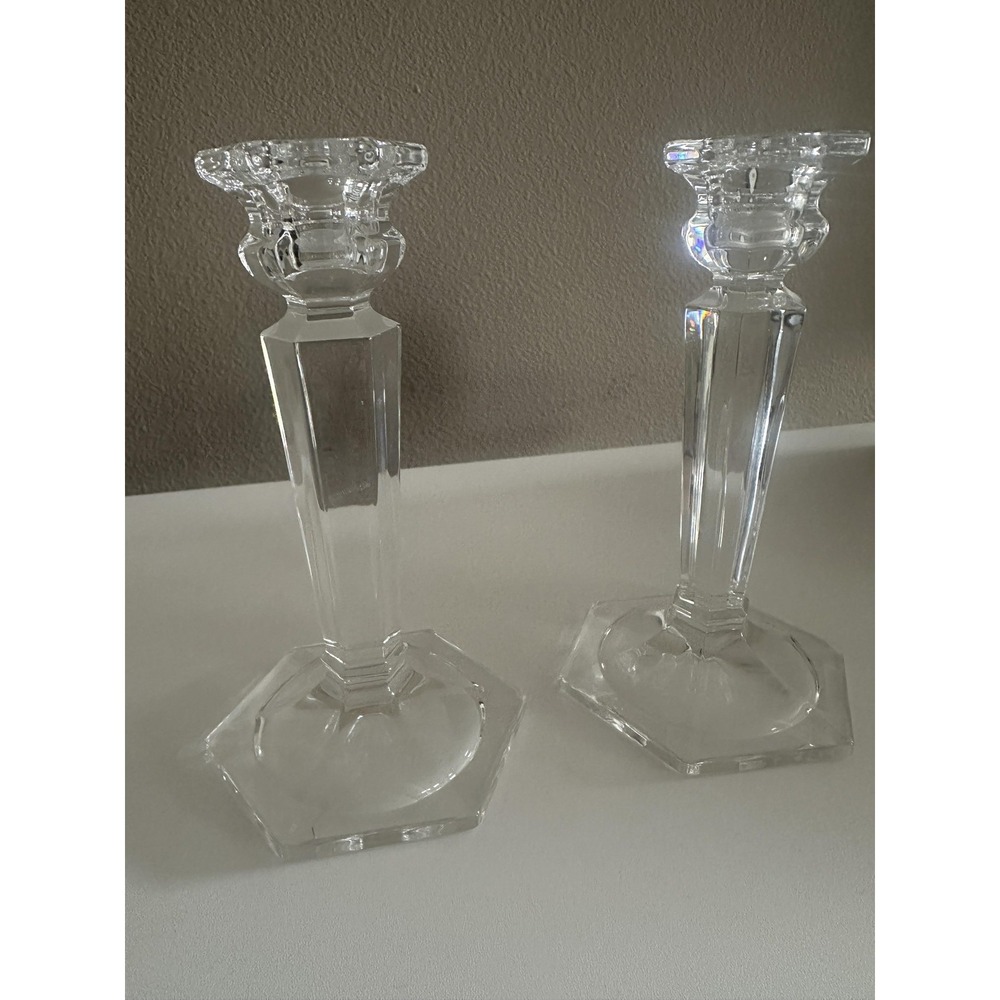 Pair Clear Glass Candlestick Holders Hexagonal Base‎ Faceted Taper Crystal Style